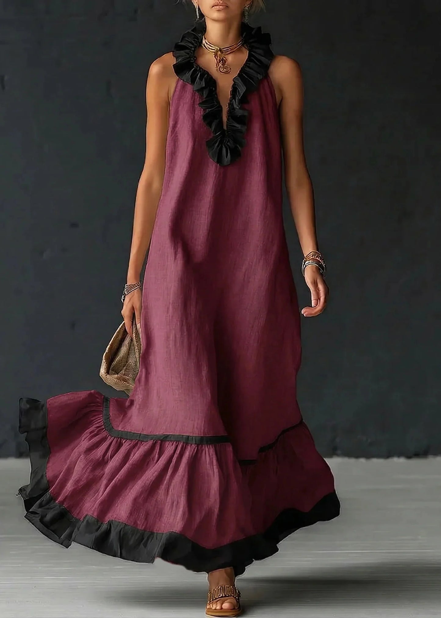 Séréna - Robe Longue Fluide à Volants Chic