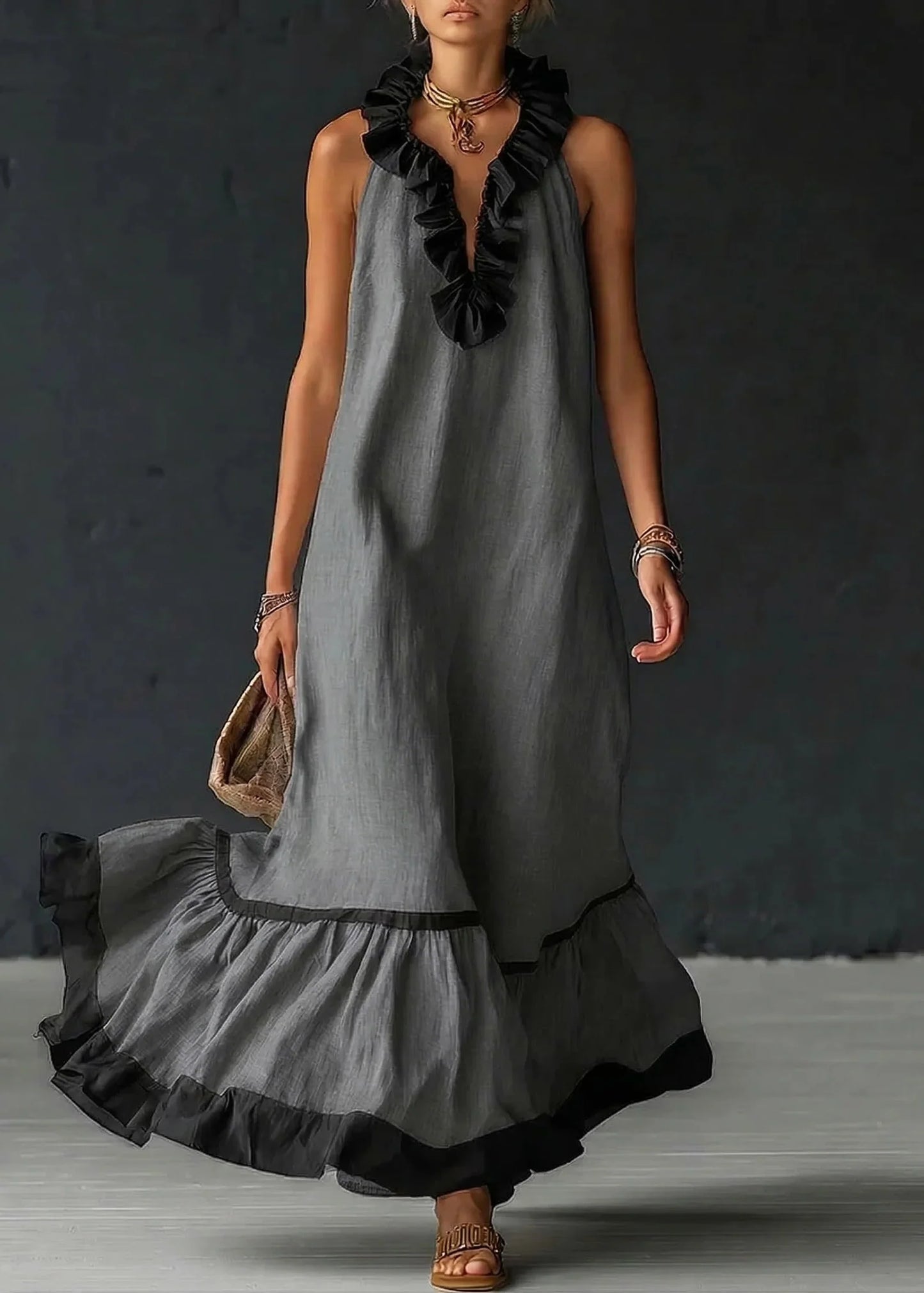 Séréna - Robe Longue Fluide à Volants Chic